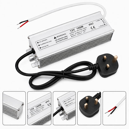 12V Outdoor Waterproof LED Power Supply 30W–100W, 90–265V Input, Single Wire Output, Aluminum Housing, Landscape & Outdoor Lighting, CE/RoHS/FCC Certified, Waterproof Transformer for Outdoor Lighting, US/UK/EU Plug