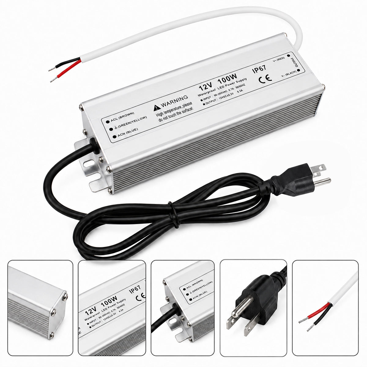 12V Outdoor Waterproof LED Power Supply 30W–100W, 90–265V Input, Single Wire Output, Aluminum Housing, Landscape & Outdoor Lighting, CE/RoHS/FCC Certified, Waterproof Transformer for Outdoor Lighting, US/UK/EU Plug