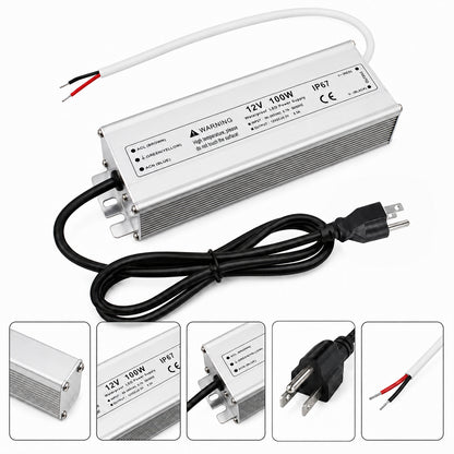 12V Outdoor Waterproof LED Power Supply 30W–100W, 90–265V Input, Single Wire Output, Aluminum Housing, Landscape & Outdoor Lighting, CE/RoHS/FCC Certified, Waterproof Transformer for Outdoor Lighting, US/UK/EU Plug