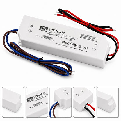 MEANWELL LPV Series 12V/24V Outdoor IP67 Waterproof Switching Power Supply, Plastic Housing, 35W–150W, AC90-264V Input, UL/CE Certified, Landscape Lighting