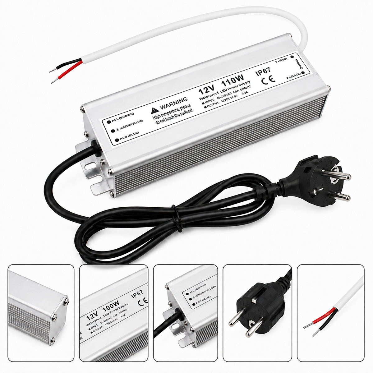 12V Outdoor Waterproof LED Power Supply 110W–280W, 90–265V Input, Single Wire Output, Aluminum Housing, Landscape & Outdoor Lighting, CE/RoHS/FCC Certified, Waterproof Transformer for Outdoor Lighting, US/UK/EU Plug