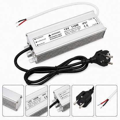 12V Outdoor Waterproof LED Power Supply 110W–280W, 90–265V Input, Single Wire Output, Aluminum Housing, Landscape & Outdoor Lighting, CE/RoHS/FCC Certified, Waterproof Transformer for Outdoor Lighting, US/UK/EU Plug