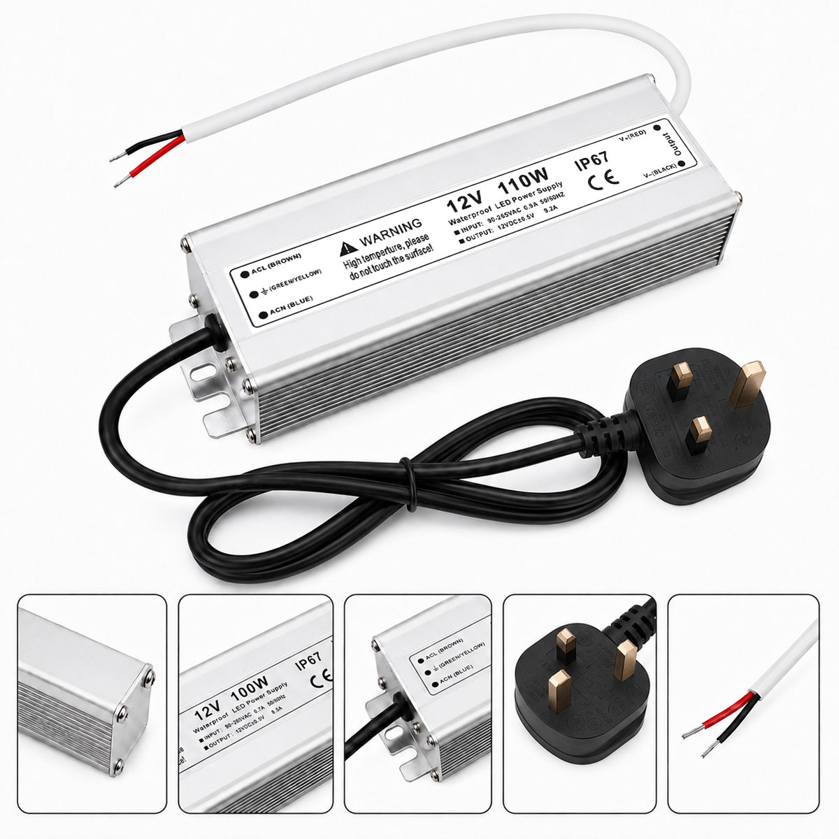 12V Outdoor Waterproof LED Power Supply 110W–280W, 90–265V Input, Single Wire Output, Aluminum Housing, Landscape & Outdoor Lighting, CE/RoHS/FCC Certified, Waterproof Transformer for Outdoor Lighting, US/UK/EU Plug
