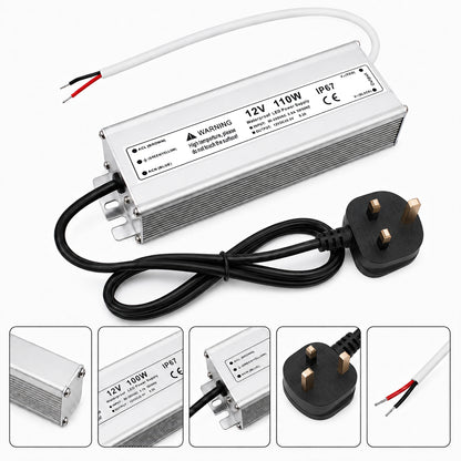 12V Outdoor Waterproof LED Power Supply 110W–280W, 90–265V Input, Single Wire Output, Aluminum Housing, Landscape & Outdoor Lighting, CE/RoHS/FCC Certified, Waterproof Transformer for Outdoor Lighting, US/UK/EU Plug