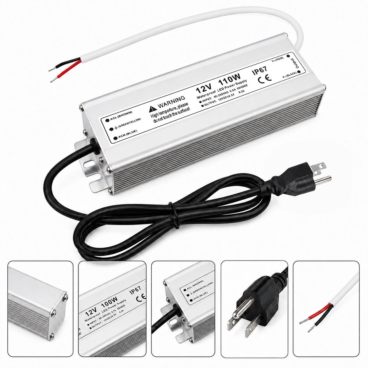 12V Outdoor Waterproof LED Power Supply 110W–280W, 90–265V Input, Single Wire Output, Aluminum Housing, Landscape & Outdoor Lighting, CE/RoHS/FCC Certified, Waterproof Transformer for Outdoor Lighting, US/UK/EU Plug