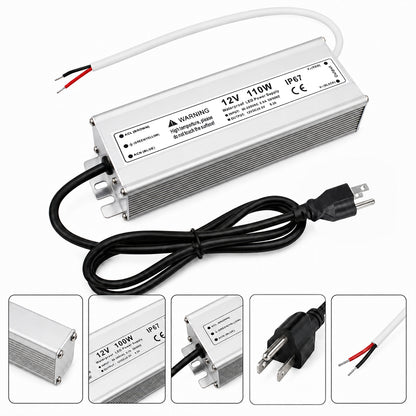 12V Outdoor Waterproof LED Power Supply 110W–280W, 90–265V Input, Single Wire Output, Aluminum Housing, Landscape & Outdoor Lighting, CE/RoHS/FCC Certified, Waterproof Transformer for Outdoor Lighting, US/UK/EU Plug