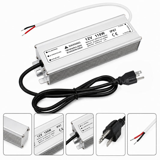 12V Outdoor Waterproof LED Power Supply 110W–280W, 90–265V Input, Single Wire Output, Aluminum Housing, Landscape & Outdoor Lighting, CE/RoHS/FCC Certified, Waterproof Transformer for Outdoor Lighting, US/UK/EU Plug