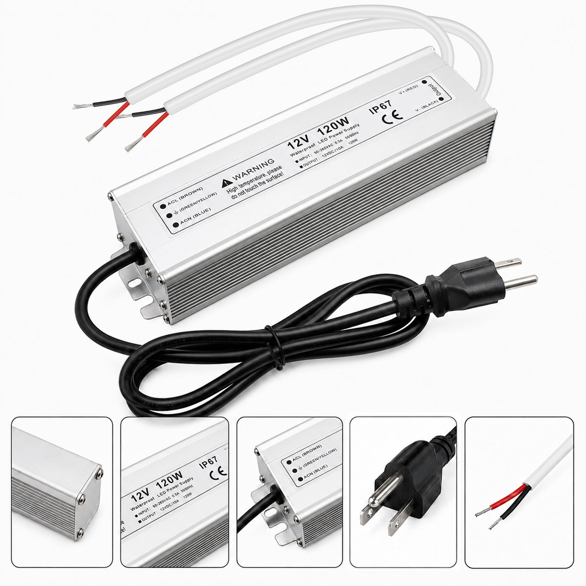 12V Outdoor Waterproof LED Power Supply 110W–280W, 90–265V Input, Single Wire Output, Aluminum Housing, Landscape & Outdoor Lighting, CE/RoHS/FCC Certified, Waterproof Transformer for Outdoor Lighting, US/UK/EU Plug