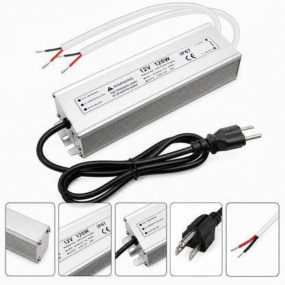 12V Outdoor Waterproof LED Power Supply 110W–280W, 90–265V Input, Single Wire Output, Aluminum Housing, Landscape & Outdoor Lighting, CE/RoHS/FCC Certified, Waterproof Transformer for Outdoor Lighting, US/UK/EU Plug