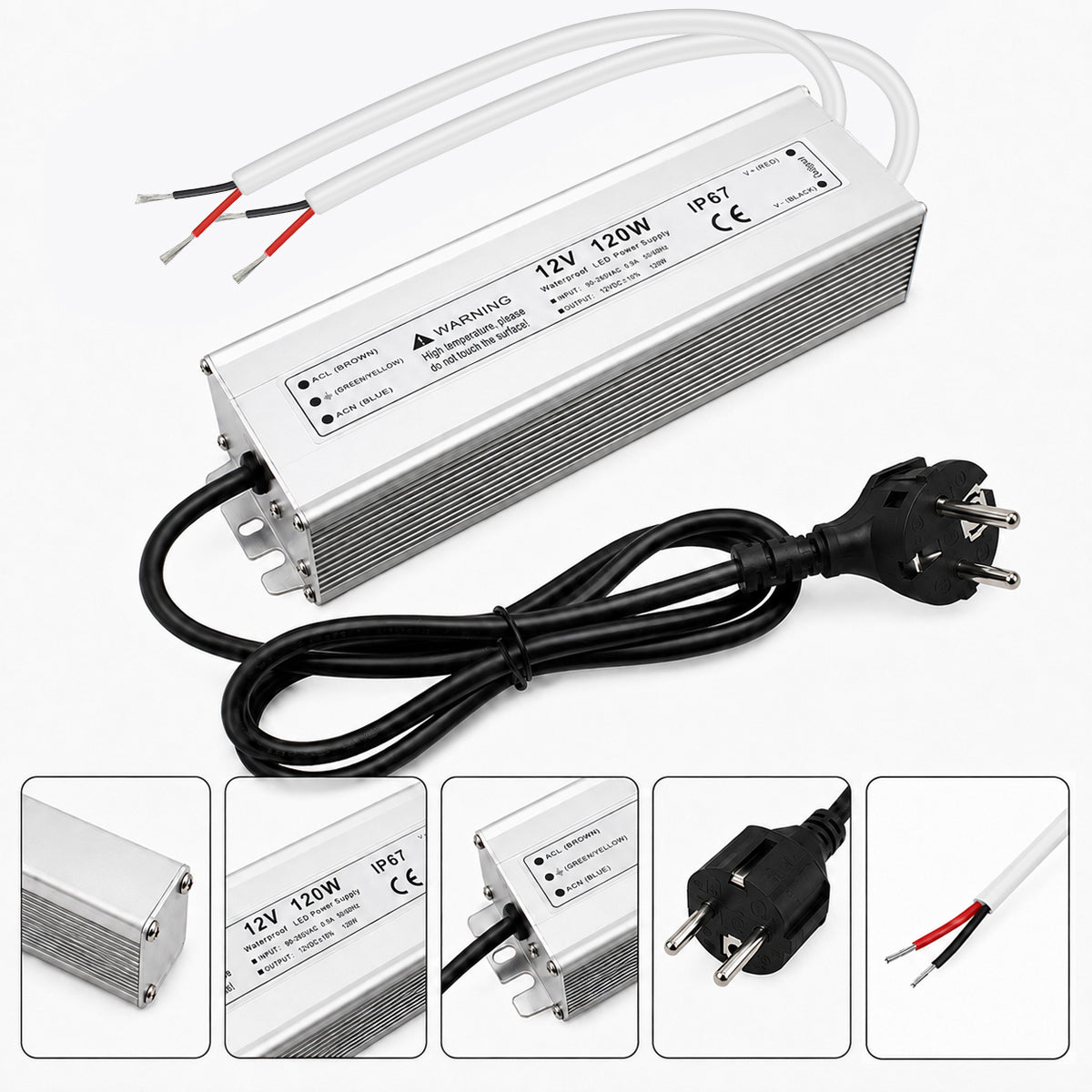 12V Outdoor Waterproof LED Power Supply 110W–280W, 90–265V Input, Single Wire Output, Aluminum Housing, Landscape & Outdoor Lighting, CE/RoHS/FCC Certified, Waterproof Transformer for Outdoor Lighting, US/UK/EU Plug