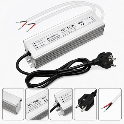 12V Outdoor Waterproof LED Power Supply 110W–280W, 90–265V Input, Single Wire Output, Aluminum Housing, Landscape & Outdoor Lighting, CE/RoHS/FCC Certified, Waterproof Transformer for Outdoor Lighting, US/UK/EU Plug