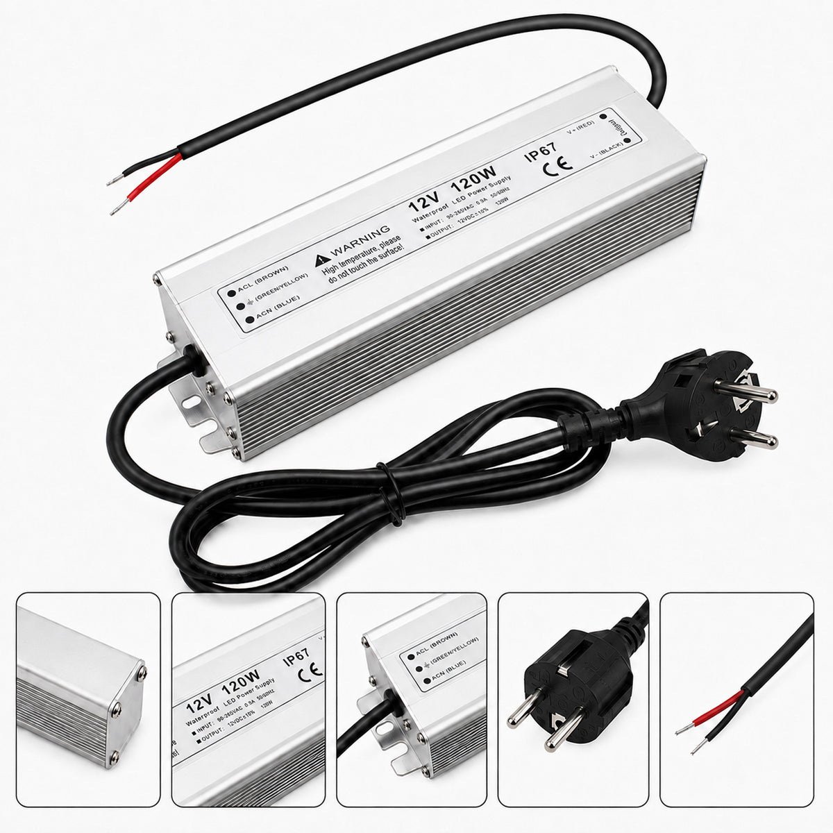 12V Outdoor Waterproof LED Power Supply 110W–280W, 90–265V Input, Single Wire Output, Aluminum Housing, Landscape & Outdoor Lighting, CE/RoHS/FCC Certified, Waterproof Transformer for Outdoor Lighting, US/UK/EU Plug