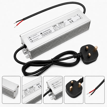 12V Outdoor Waterproof LED Power Supply 110W–280W, 90–265V Input, Single Wire Output, Aluminum Housing, Landscape & Outdoor Lighting, CE/RoHS/FCC Certified, Waterproof Transformer for Outdoor Lighting, US/UK/EU Plug