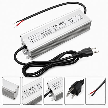 12V Outdoor Waterproof LED Power Supply 110W–280W, 90–265V Input, Single Wire Output, Aluminum Housing, Landscape & Outdoor Lighting, CE/RoHS/FCC Certified, Waterproof Transformer for Outdoor Lighting, US/UK/EU Plug