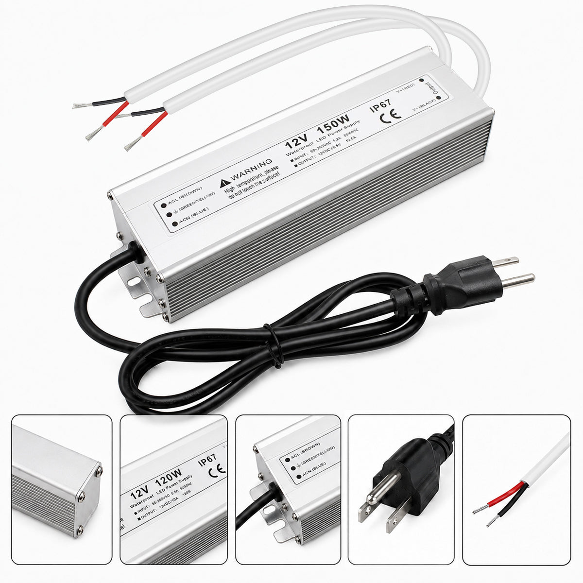 12V Outdoor Waterproof LED Power Supply 110W–280W, 90–265V Input, Single Wire Output, Aluminum Housing, Landscape & Outdoor Lighting, CE/RoHS/FCC Certified, Waterproof Transformer for Outdoor Lighting, US/UK/EU Plug