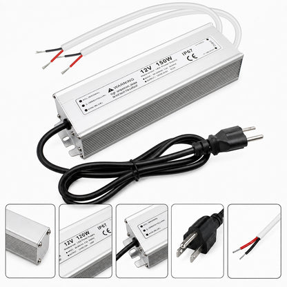 12V Outdoor Waterproof LED Power Supply 110W–280W, 90–265V Input, Single Wire Output, Aluminum Housing, Landscape & Outdoor Lighting, CE/RoHS/FCC Certified, Waterproof Transformer for Outdoor Lighting, US/UK/EU Plug