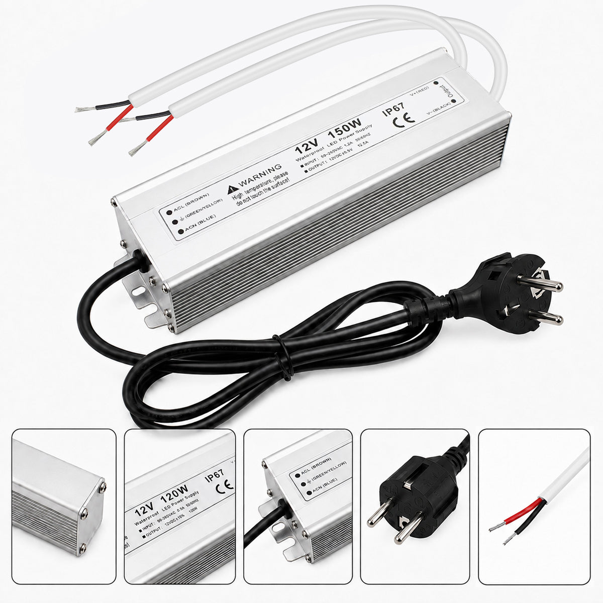 12V Outdoor Waterproof LED Power Supply 110W–280W, 90–265V Input, Single Wire Output, Aluminum Housing, Landscape & Outdoor Lighting, CE/RoHS/FCC Certified, Waterproof Transformer for Outdoor Lighting, US/UK/EU Plug