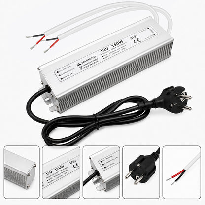 12V Outdoor Waterproof LED Power Supply 110W–280W, 90–265V Input, Single Wire Output, Aluminum Housing, Landscape & Outdoor Lighting, CE/RoHS/FCC Certified, Waterproof Transformer for Outdoor Lighting, US/UK/EU Plug