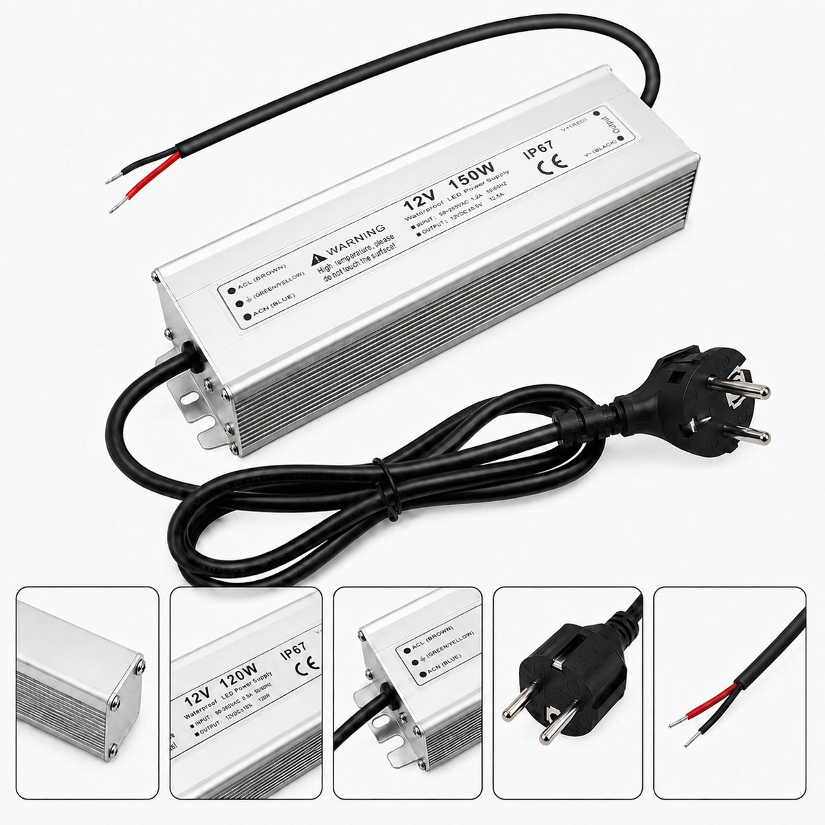12V Outdoor Waterproof LED Power Supply 110W–280W, 90–265V Input, Single Wire Output, Aluminum Housing, Landscape & Outdoor Lighting, CE/RoHS/FCC Certified, Waterproof Transformer for Outdoor Lighting, US/UK/EU Plug
