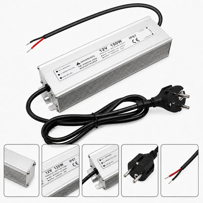 12V Outdoor Waterproof LED Power Supply 110W–280W, 90–265V Input, Single Wire Output, Aluminum Housing, Landscape & Outdoor Lighting, CE/RoHS/FCC Certified, Waterproof Transformer for Outdoor Lighting, US/UK/EU Plug