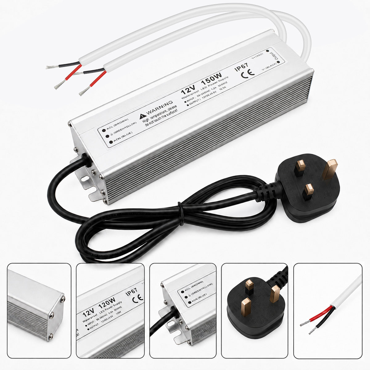 12V Outdoor Waterproof LED Power Supply 110W–280W, 90–265V Input, Single Wire Output, Aluminum Housing, Landscape & Outdoor Lighting, CE/RoHS/FCC Certified, Waterproof Transformer for Outdoor Lighting, US/UK/EU Plug