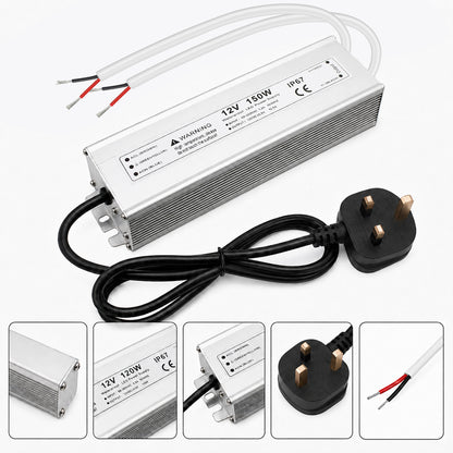 12V Outdoor Waterproof LED Power Supply 110W–280W, 90–265V Input, Single Wire Output, Aluminum Housing, Landscape & Outdoor Lighting, CE/RoHS/FCC Certified, Waterproof Transformer for Outdoor Lighting, US/UK/EU Plug