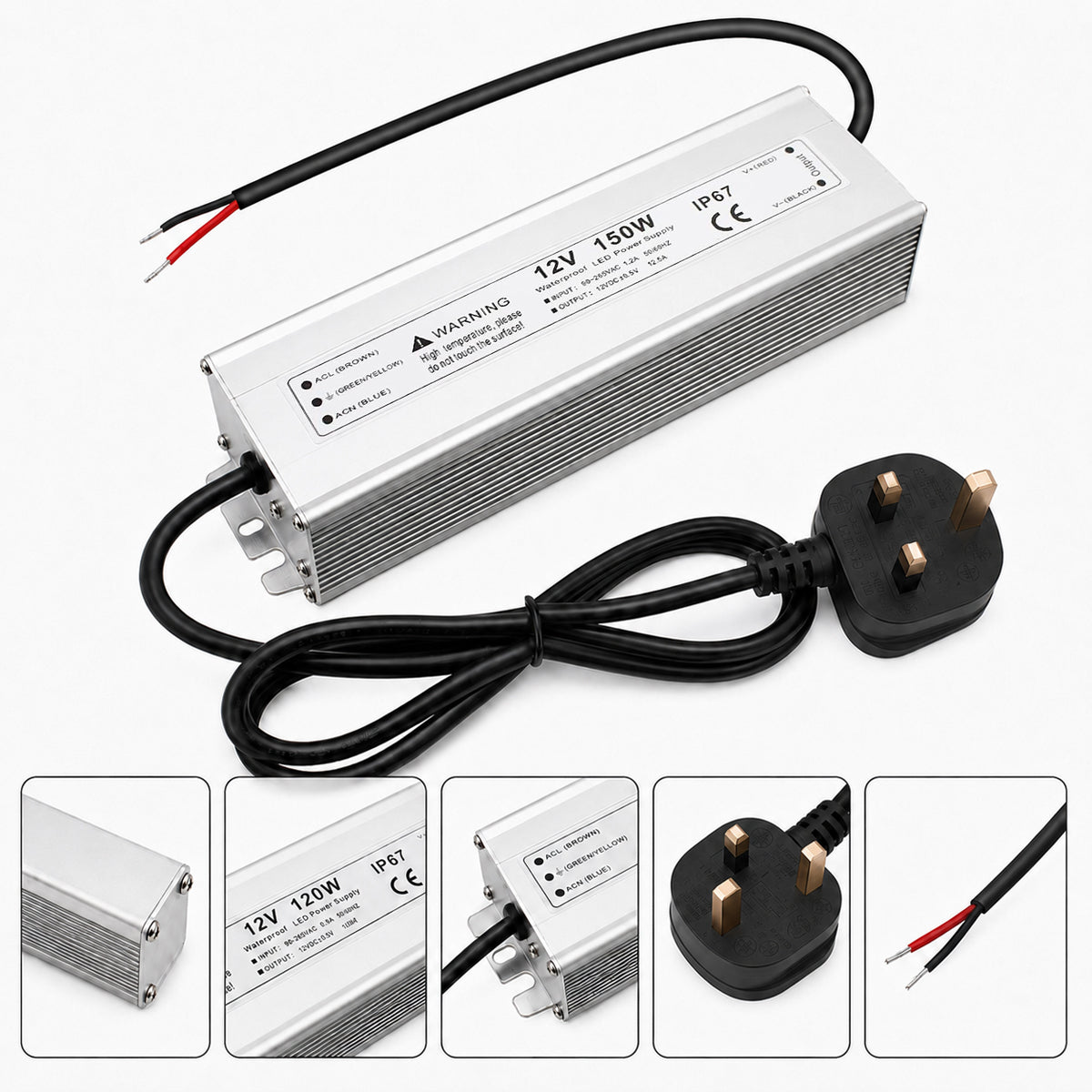 12V Outdoor Waterproof LED Power Supply 110W–280W, 90–265V Input, Single Wire Output, Aluminum Housing, Landscape & Outdoor Lighting, CE/RoHS/FCC Certified, Waterproof Transformer for Outdoor Lighting, US/UK/EU Plug