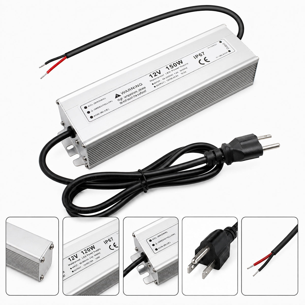 12V Outdoor Waterproof LED Power Supply 110W–280W, 90–265V Input, Single Wire Output, Aluminum Housing, Landscape & Outdoor Lighting, CE/RoHS/FCC Certified, Waterproof Transformer for Outdoor Lighting, US/UK/EU Plug