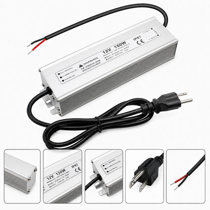 12V Outdoor Waterproof LED Power Supply 110W–280W, 90–265V Input, Single Wire Output, Aluminum Housing, Landscape & Outdoor Lighting, CE/RoHS/FCC Certified, Waterproof Transformer for Outdoor Lighting, US/UK/EU Plug