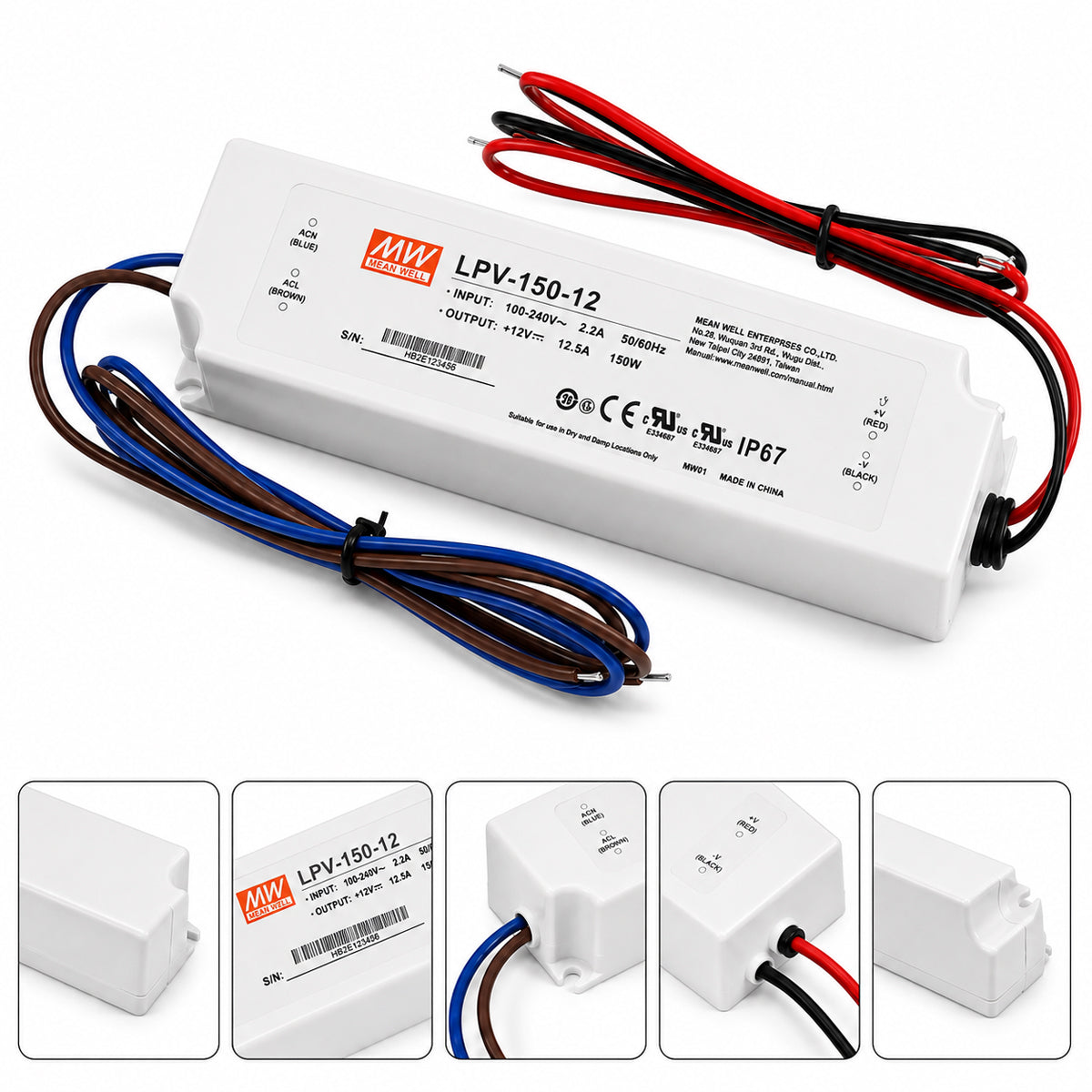 MEANWELL LPV Series 12V/24V Outdoor IP67 Waterproof Switching Power Supply, Plastic Housing, 35W–150W, AC90-264V Input, UL/CE Certified, Landscape Lighting