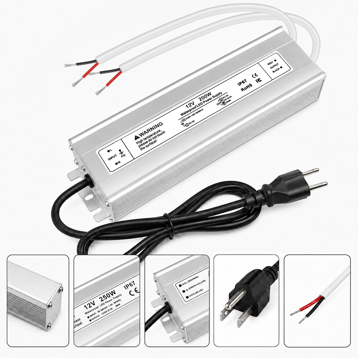 12V Outdoor Waterproof LED Power Supply 200W-500W, 90–140V Input, Single/Dual Wire Output, Aluminum Housing, Landscape & Outdoor Lighting, CE/RoHS/FCC Certified, Waterproof Transformer for Outdoor Lighting, US Plug