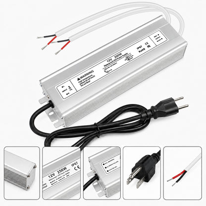 12V Outdoor Waterproof LED Power Supply 200W-500W, 90–140V Input, Single/Dual Wire Output, Aluminum Housing, Landscape & Outdoor Lighting, CE/RoHS/FCC Certified, Waterproof Transformer for Outdoor Lighting, US Plug