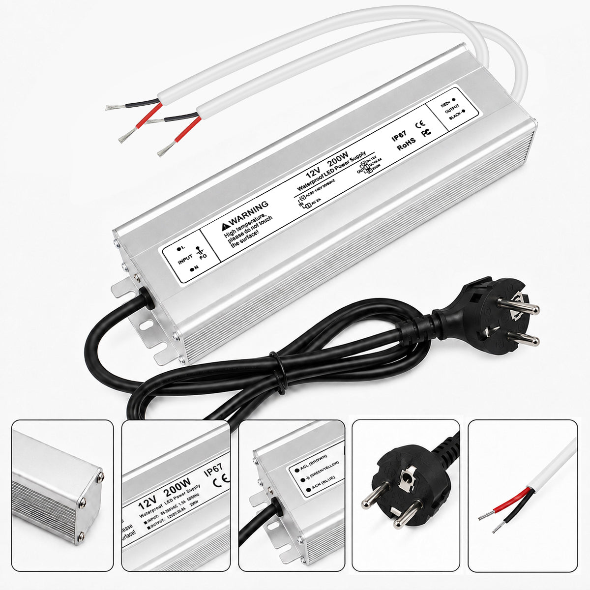 12V Outdoor Waterproof LED Power Supply 200W-500W, 175–265V Input, Single/Dual Wire Output, Aluminum Housing, Landscape & Outdoor Lighting, CE/RoHS/FCC Certified, Waterproof Transformer for Outdoor Lighting, UK/EU Plug
