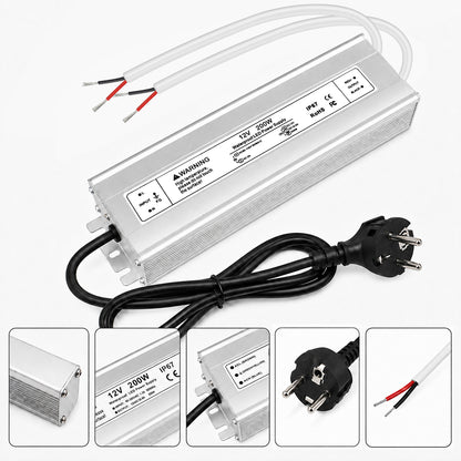 12V Outdoor Waterproof LED Power Supply 200W-500W, 175–265V Input, Single/Dual Wire Output, Aluminum Housing, Landscape & Outdoor Lighting, CE/RoHS/FCC Certified, Waterproof Transformer for Outdoor Lighting, UK/EU Plug