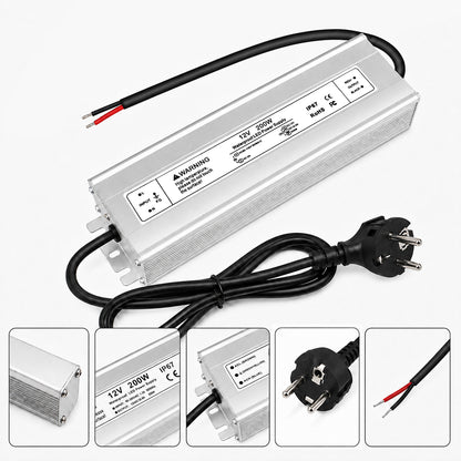 12V Outdoor Waterproof LED Power Supply 200W-500W, 175–265V Input, Single/Dual Wire Output, Aluminum Housing, Landscape & Outdoor Lighting, CE/RoHS/FCC Certified, Waterproof Transformer for Outdoor Lighting, UK/EU Plug