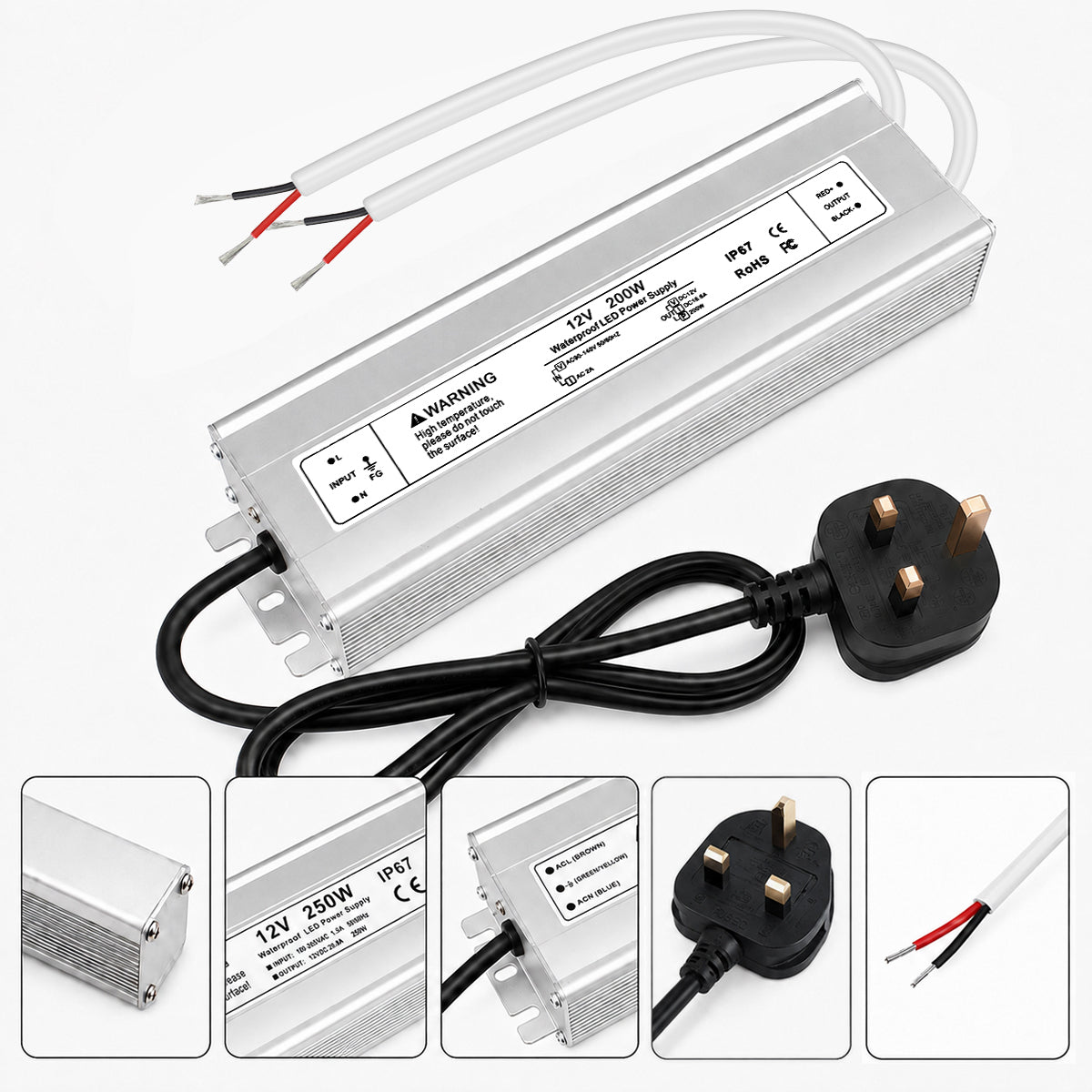 12V Outdoor Waterproof LED Power Supply 200W-500W, 175–265V Input, Single/Dual Wire Output, Aluminum Housing, Landscape & Outdoor Lighting, CE/RoHS/FCC Certified, Waterproof Transformer for Outdoor Lighting, UK/EU Plug