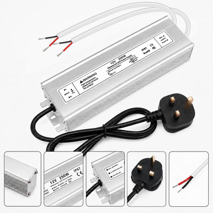 12V Outdoor Waterproof LED Power Supply 200W-500W, 175–265V Input, Single/Dual Wire Output, Aluminum Housing, Landscape & Outdoor Lighting, CE/RoHS/FCC Certified, Waterproof Transformer for Outdoor Lighting, UK/EU Plug