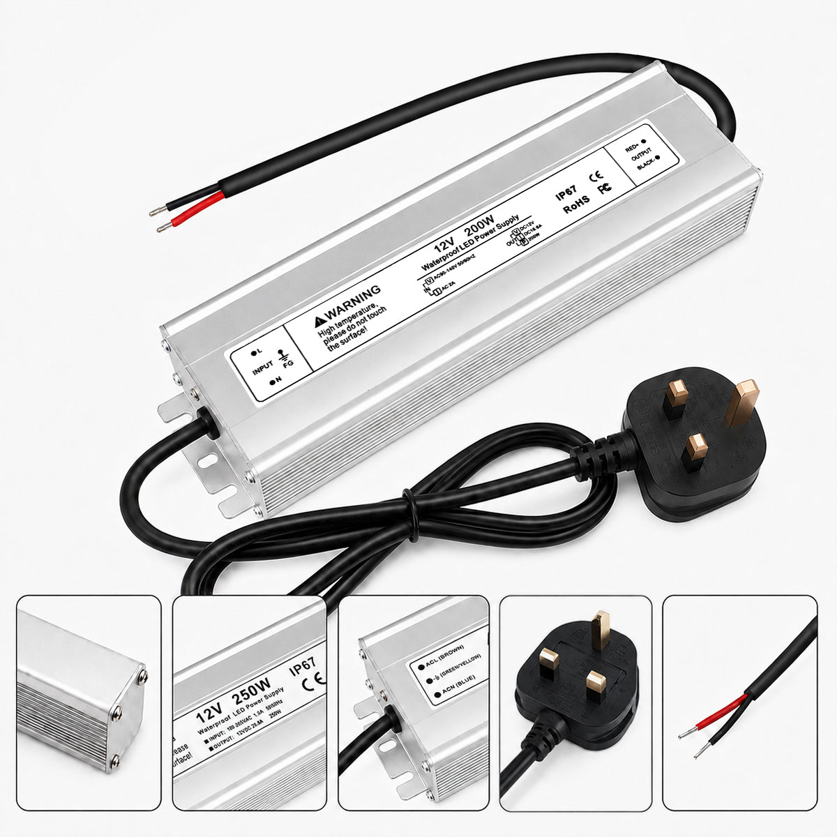 12V Outdoor Waterproof LED Power Supply 200W-500W, 175–265V Input, Single/Dual Wire Output, Aluminum Housing, Landscape & Outdoor Lighting, CE/RoHS/FCC Certified, Waterproof Transformer for Outdoor Lighting, UK/EU Plug