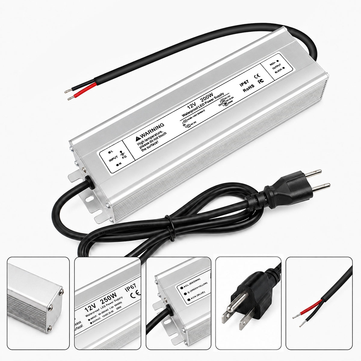 12V Outdoor Waterproof LED Power Supply 200W-500W, 90–140V Input, Single/Dual Wire Output, Aluminum Housing, Landscape & Outdoor Lighting, CE/RoHS/FCC Certified, Waterproof Transformer for Outdoor Lighting, US Plug