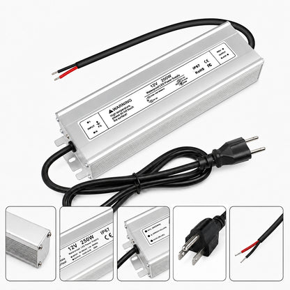 12V Outdoor Waterproof LED Power Supply 200W-500W, 90–140V Input, Single/Dual Wire Output, Aluminum Housing, Landscape & Outdoor Lighting, CE/RoHS/FCC Certified, Waterproof Transformer for Outdoor Lighting, US Plug