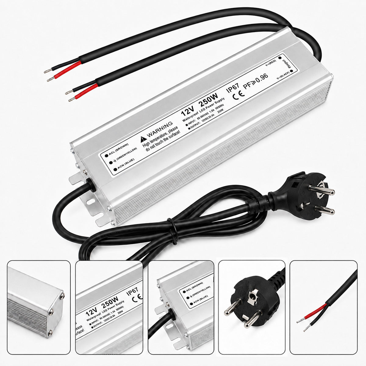 12V Outdoor Waterproof LED Power Supply 110W–280W, 90–265V Input, Single Wire Output, Aluminum Housing, Landscape & Outdoor Lighting, CE/RoHS/FCC Certified, Waterproof Transformer for Outdoor Lighting, US/UK/EU Plug
