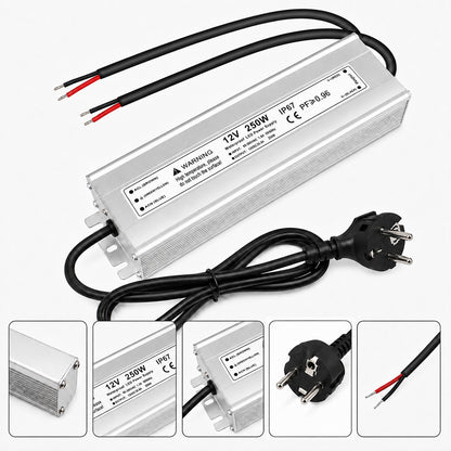 12V Outdoor Waterproof LED Power Supply 110W–280W, 90–265V Input, Single Wire Output, Aluminum Housing, Landscape & Outdoor Lighting, CE/RoHS/FCC Certified, Waterproof Transformer for Outdoor Lighting, US/UK/EU Plug
