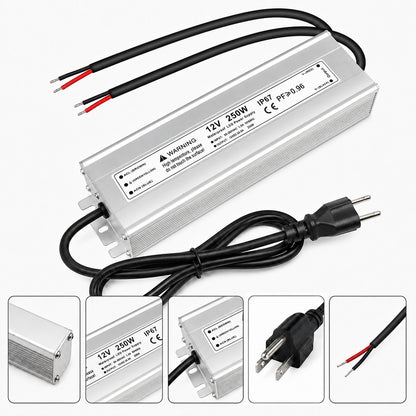 12V Outdoor Waterproof LED Power Supply 110W–280W, 90–265V Input, Single Wire Output, Aluminum Housing, Landscape & Outdoor Lighting, CE/RoHS/FCC Certified, Waterproof Transformer for Outdoor Lighting, US/UK/EU Plug