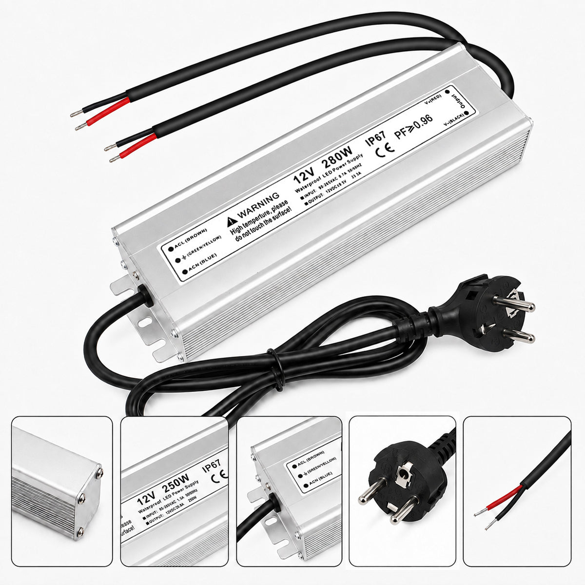 12V Outdoor Waterproof LED Power Supply 110W–280W, 90–265V Input, Single Wire Output, Aluminum Housing, Landscape & Outdoor Lighting, CE/RoHS/FCC Certified, Waterproof Transformer for Outdoor Lighting, US/UK/EU Plug