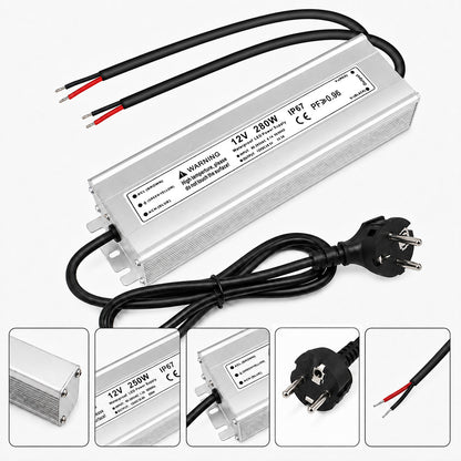 12V Outdoor Waterproof LED Power Supply 110W–280W, 90–265V Input, Single Wire Output, Aluminum Housing, Landscape & Outdoor Lighting, CE/RoHS/FCC Certified, Waterproof Transformer for Outdoor Lighting, US/UK/EU Plug