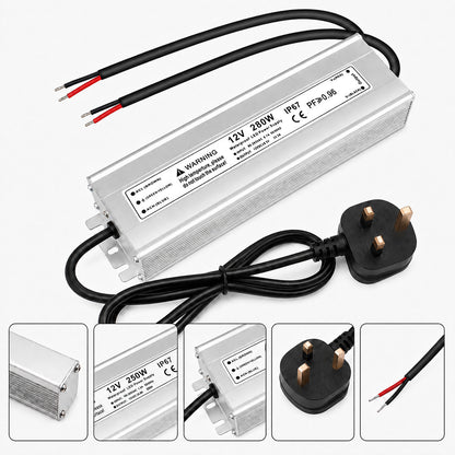 12V Outdoor Waterproof LED Power Supply 110W–280W, 90–265V Input, Single Wire Output, Aluminum Housing, Landscape & Outdoor Lighting, CE/RoHS/FCC Certified, Waterproof Transformer for Outdoor Lighting, US/UK/EU Plug