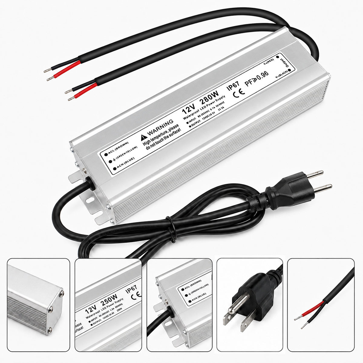 12V Outdoor Waterproof LED Power Supply 110W–280W, 90–265V Input, Single Wire Output, Aluminum Housing, Landscape & Outdoor Lighting, CE/RoHS/FCC Certified, Waterproof Transformer for Outdoor Lighting, US/UK/EU Plug