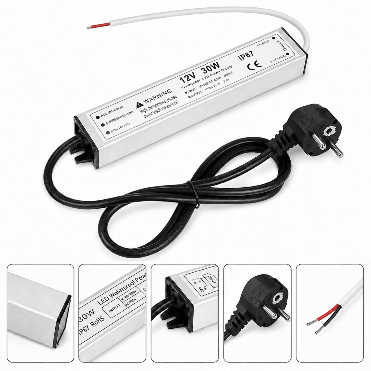 12V Outdoor Waterproof LED Power Supply 30W–100W, 90–265V Input, Single Wire Output, Aluminum Housing, Landscape & Outdoor Lighting, CE/RoHS/FCC Certified, Waterproof Transformer for Outdoor Lighting, US/UK/EU Plug