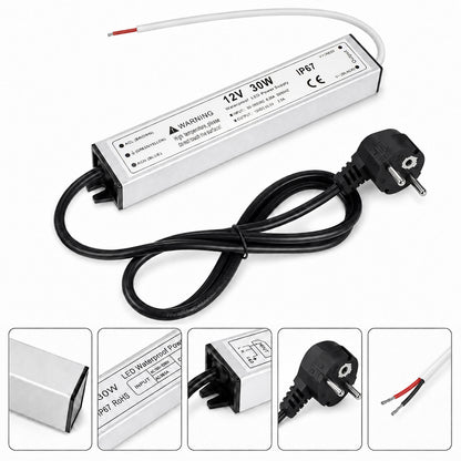 12V Outdoor Waterproof LED Power Supply 30W–100W, 90–265V Input, Single Wire Output, Aluminum Housing, Landscape & Outdoor Lighting, CE/RoHS/FCC Certified, Waterproof Transformer for Outdoor Lighting, US/UK/EU Plug