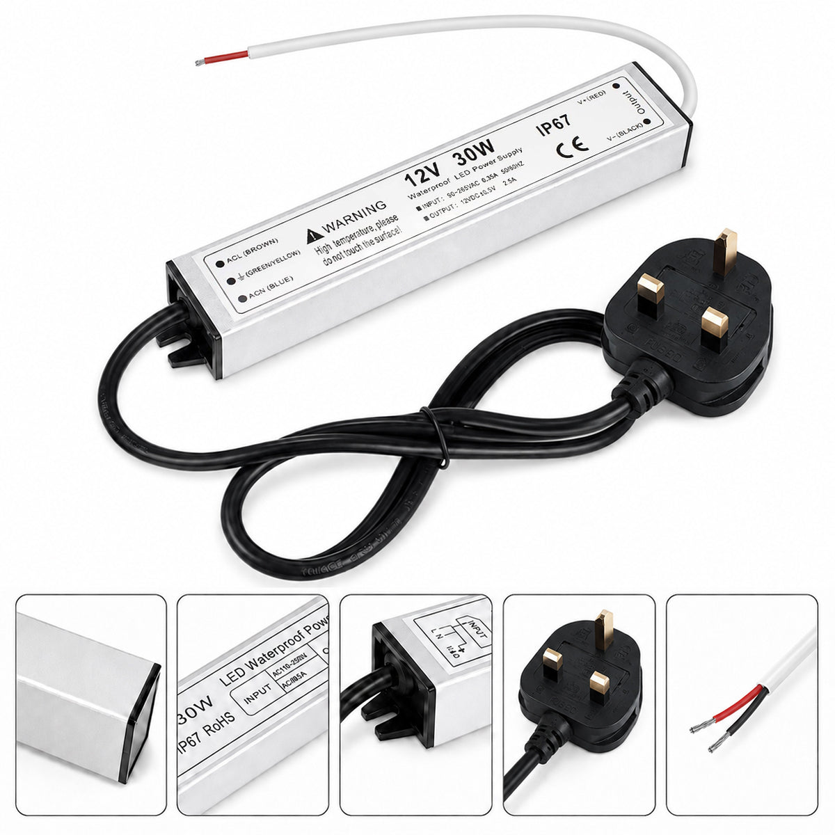 12V Outdoor Waterproof LED Power Supply 30W–100W, 90–265V Input, Single Wire Output, Aluminum Housing, Landscape & Outdoor Lighting, CE/RoHS/FCC Certified, Waterproof Transformer for Outdoor Lighting, US/UK/EU Plug